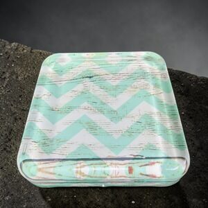 Mint Green Chevron Glass Trinket Dish Square Decorative Jewelry Paperweight VTG